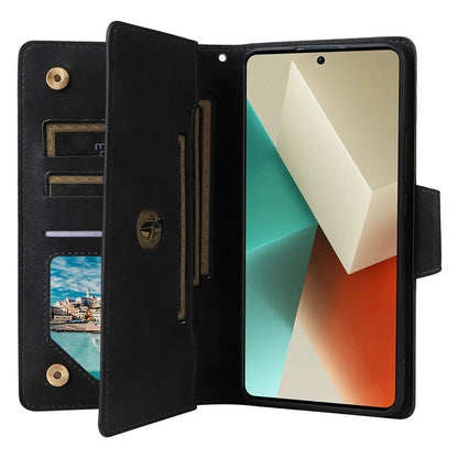 For Xiaomi Redmi Note 13 5G Leather Case Rivet Decor 9 Card Holder Slots Zipper Pocket Cover
