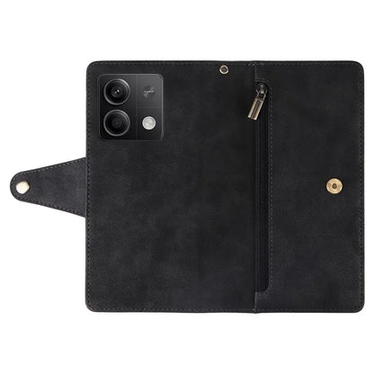 For Xiaomi Redmi Note 13 5G Leather Case Rivet Decor 9 Card Holder Slots Zipper Pocket Cover
