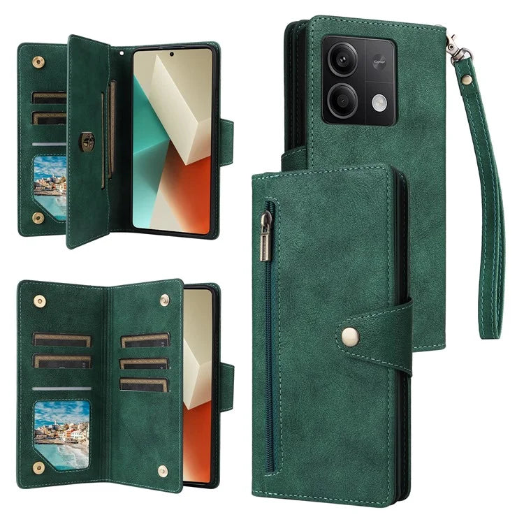 For Xiaomi Redmi Note 13 5G Leather Case Rivet Decor 9 Card Holder Slots Zipper Pocket Cover
