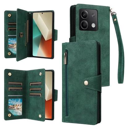 For Xiaomi Redmi Note 13 5G Leather Case Rivet Decor 9 Card Holder Slots Zipper Pocket Cover