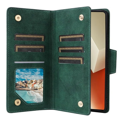 For Xiaomi Redmi Note 13 5G Leather Case Rivet Decor 9 Card Holder Slots Zipper Pocket Cover