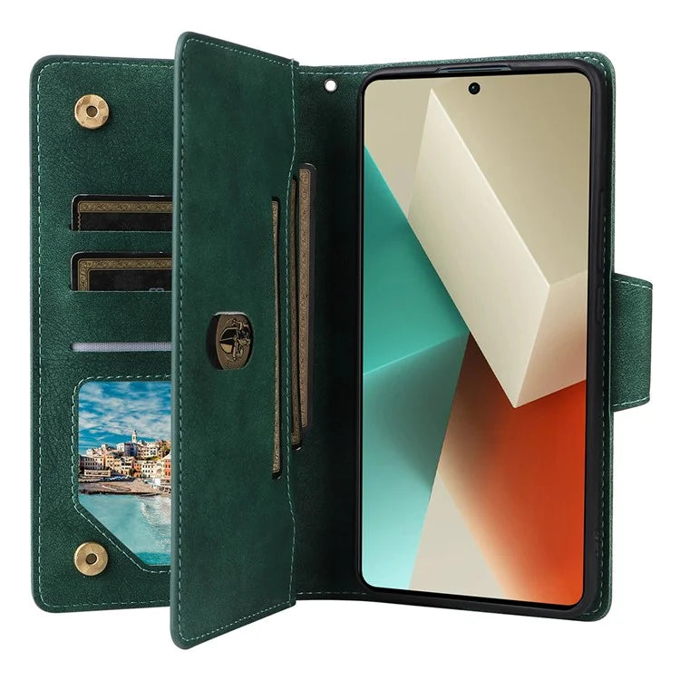 For Xiaomi Redmi Note 13 5G Leather Case Rivet Decor 9 Card Holder Slots Zipper Pocket Cover