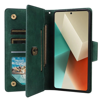 For Xiaomi Redmi Note 13 5G Leather Case Rivet Decor 9 Card Holder Slots Zipper Pocket Cover