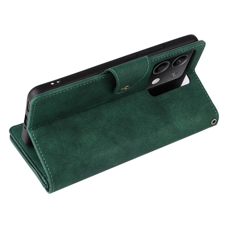 For Xiaomi Redmi Note 13 5G Leather Case Rivet Decor 9 Card Holder Slots Zipper Pocket Cover
