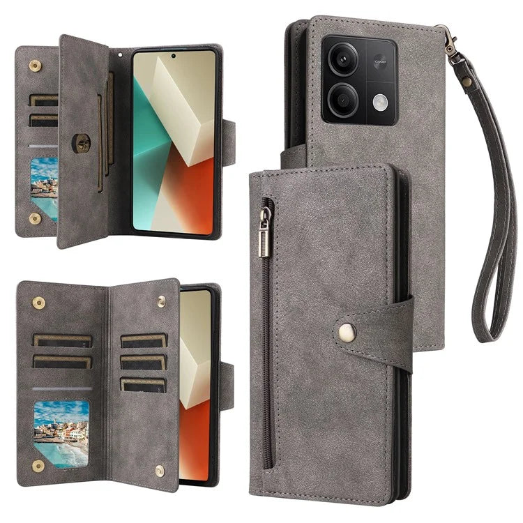 For Xiaomi Redmi Note 13 5G Leather Case Rivet Decor 9 Card Holder Slots Zipper Pocket Cover