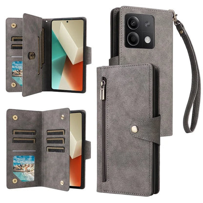 For Xiaomi Redmi Note 13 5G Leather Case Rivet Decor 9 Card Holder Slots Zipper Pocket Cover