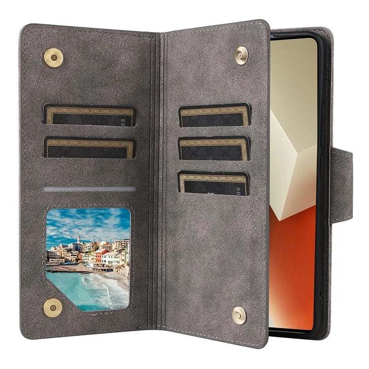 For Xiaomi Redmi Note 13 5G Leather Case Rivet Decor 9 Card Holder Slots Zipper Pocket Cover