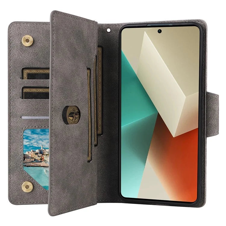For Xiaomi Redmi Note 13 5G Leather Case Rivet Decor 9 Card Holder Slots Zipper Pocket Cover