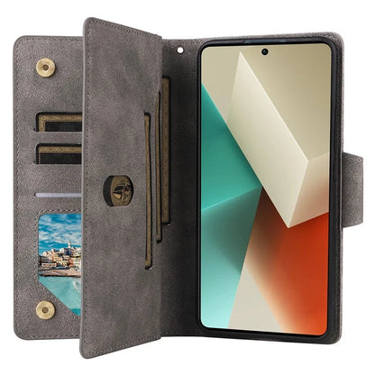 For Xiaomi Redmi Note 13 5G Leather Case Rivet Decor 9 Card Holder Slots Zipper Pocket Cover