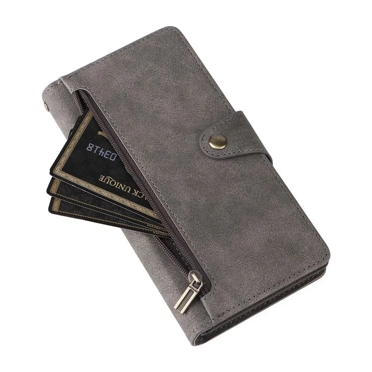 For Xiaomi Redmi Note 13 5G Leather Case Rivet Decor 9 Card Holder Slots Zipper Pocket Cover