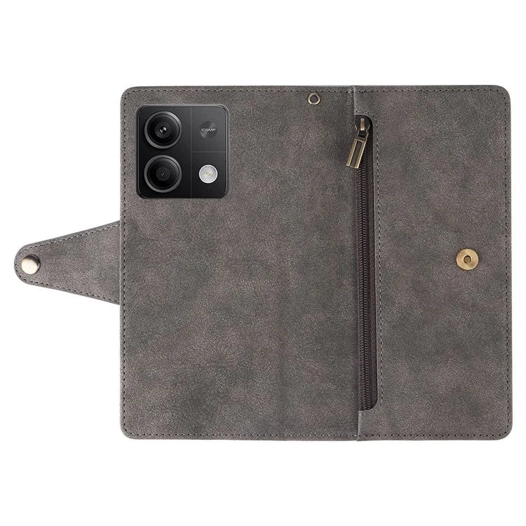 For Xiaomi Redmi Note 13 5G Leather Case Rivet Decor 9 Card Holder Slots Zipper Pocket Cover