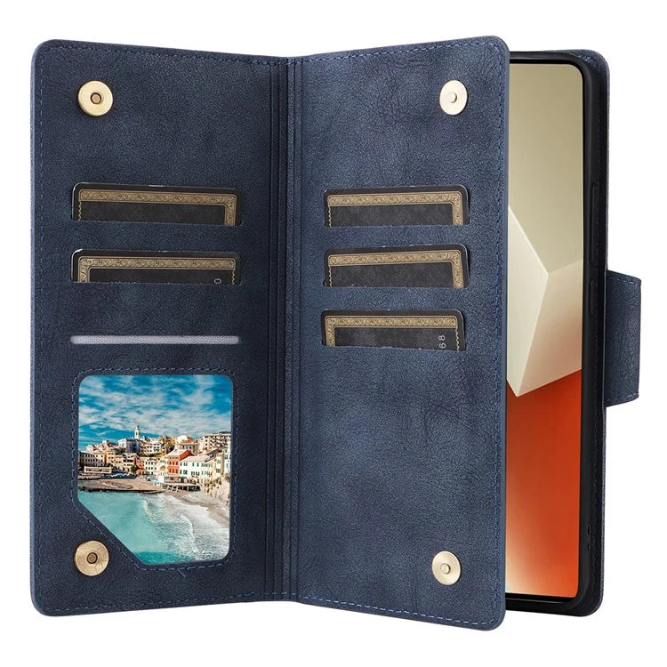 For Xiaomi Redmi Note 13 5G Leather Case Rivet Decor 9 Card Holder Slots Zipper Pocket Cover