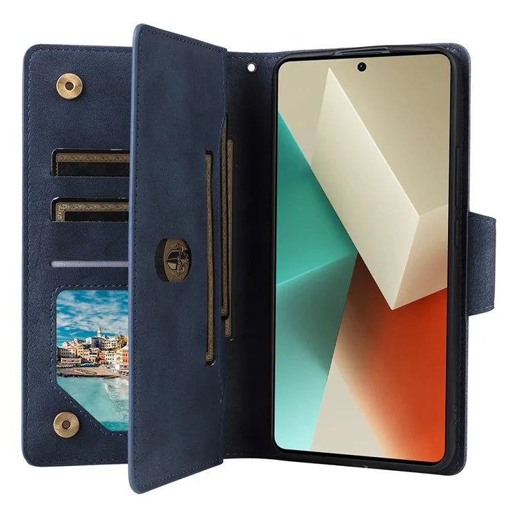 For Xiaomi Redmi Note 13 5G Leather Case Rivet Decor 9 Card Holder Slots Zipper Pocket Cover