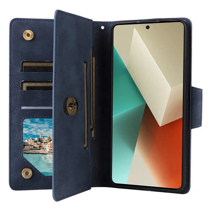 For Xiaomi Redmi Note 13 5G Leather Case Rivet Decor 9 Card Holder Slots Zipper Pocket Cover