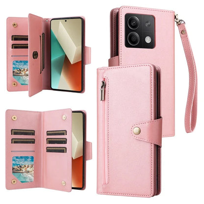 For Xiaomi Redmi Note 13 5G Leather Case Rivet Decor 9 Card Holder Slots Zipper Pocket Cover