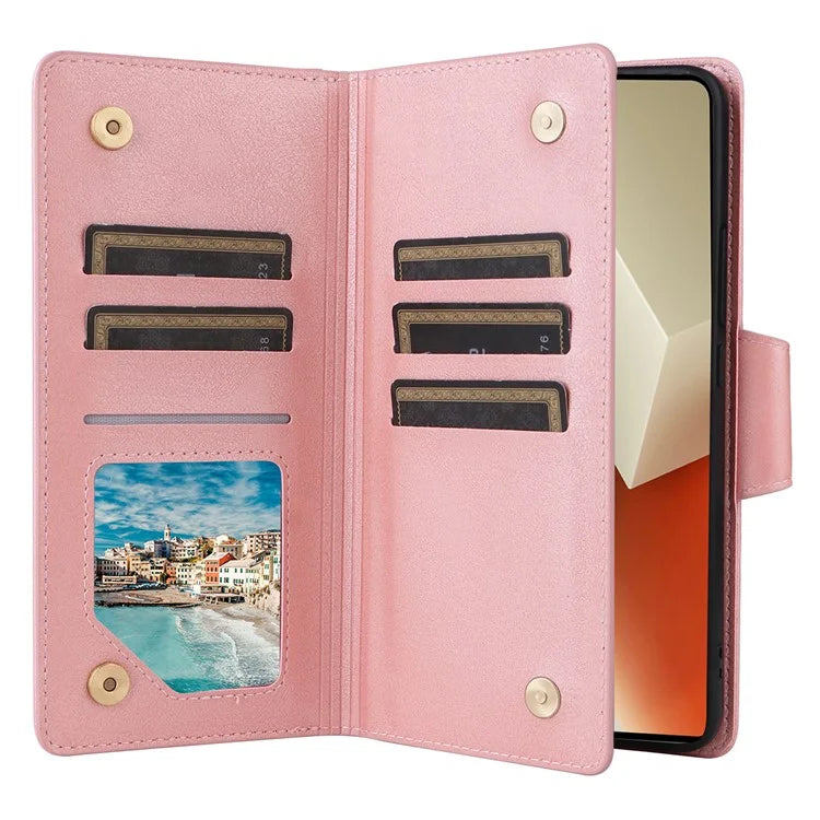 For Xiaomi Redmi Note 13 5G Leather Case Rivet Decor 9 Card Holder Slots Zipper Pocket Cover