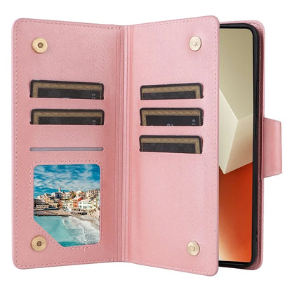 For Xiaomi Redmi Note 13 5G Leather Case Rivet Decor 9 Card Holder Slots Zipper Pocket Cover