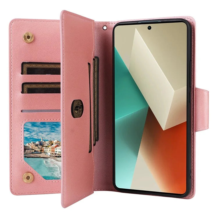 For Xiaomi Redmi Note 13 5G Leather Case Rivet Decor 9 Card Holder Slots Zipper Pocket Cover