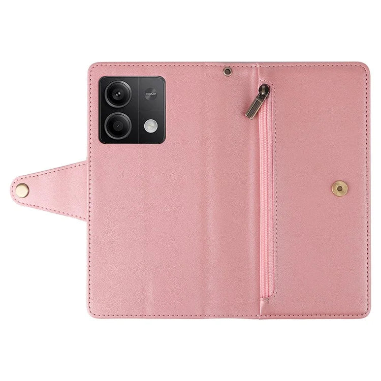 For Xiaomi Redmi Note 13 5G Leather Case Rivet Decor 9 Card Holder Slots Zipper Pocket Cover