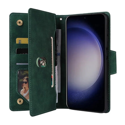 For Samsung Galaxy S24 Case Rivet Decor Zipper Pocket PU Leather Phone Cover