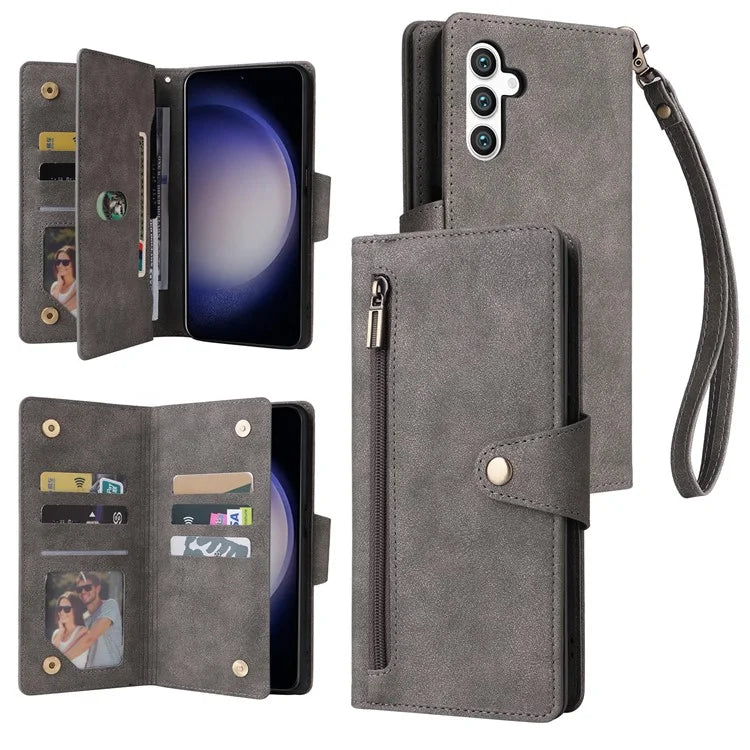 For Samsung Galaxy S24 Case Rivet Decor Zipper Pocket PU Leather Phone Cover