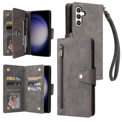 For Samsung Galaxy S24 Case Rivet Decor Zipper Pocket PU Leather Phone Cover