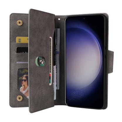 For Samsung Galaxy S24 Case Rivet Decor Zipper Pocket PU Leather Phone Cover
