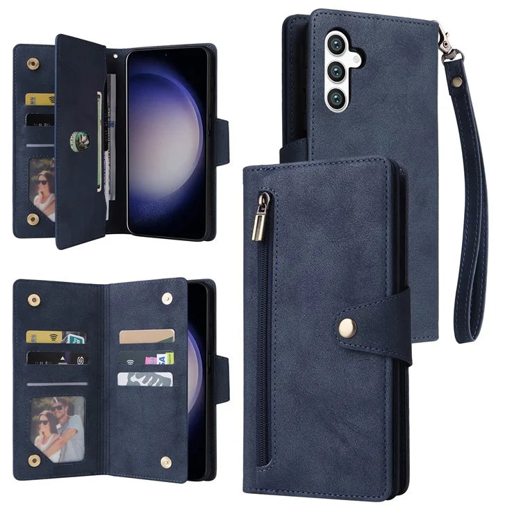 For Samsung Galaxy S24 Case Rivet Decor Zipper Pocket PU Leather Phone Cover
