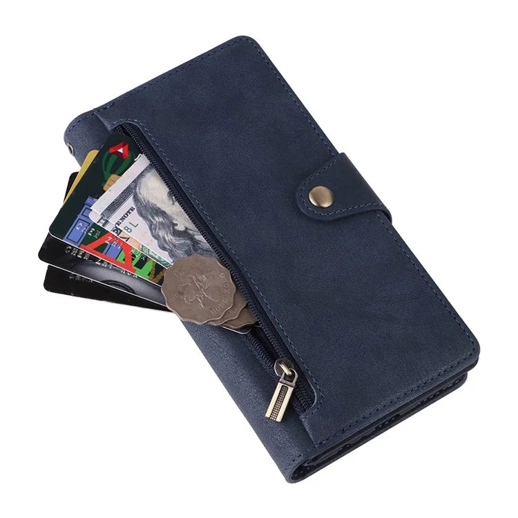 For Samsung Galaxy S24 Case Rivet Decor Zipper Pocket PU Leather Phone Cover