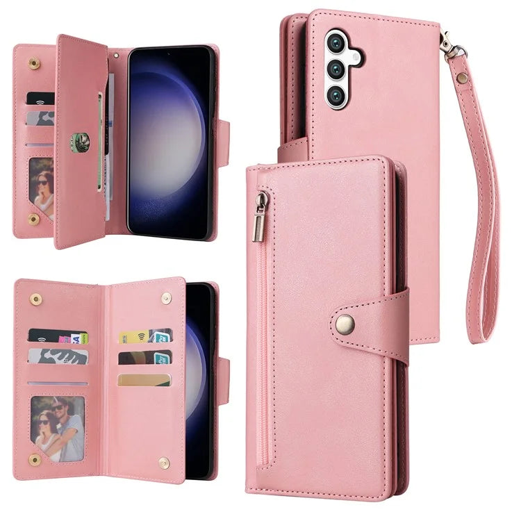 For Samsung Galaxy S24 Case Rivet Decor Zipper Pocket PU Leather Phone Cover