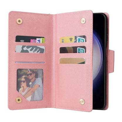 For Samsung Galaxy S24 Case Rivet Decor Zipper Pocket PU Leather Phone Cover