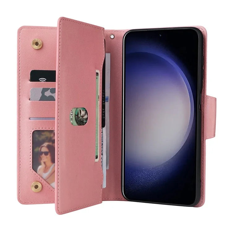 For Samsung Galaxy S24 Case Rivet Decor Zipper Pocket PU Leather Phone Cover