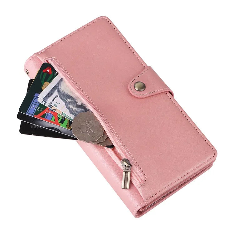 For Samsung Galaxy S24 Case Rivet Decor Zipper Pocket PU Leather Phone Cover