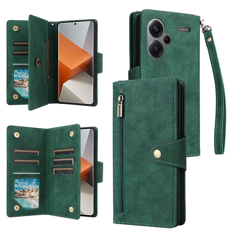 For Xiaomi Redmi Note 13 Pro+ 5G Case Rivet Decor PU Leather Wrist Strap Phone Cover