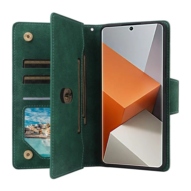 For Xiaomi Redmi Note 13 Pro+ 5G Case Rivet Decor PU Leather Wrist Strap Phone Cover