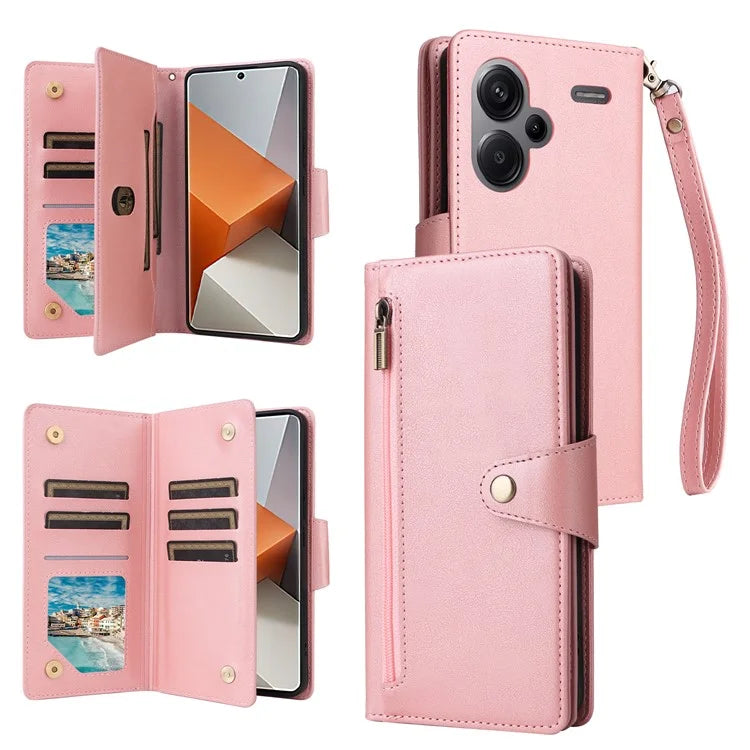 For Xiaomi Redmi Note 13 Pro+ 5G Case Rivet Decor PU Leather Wrist Strap Phone Cover