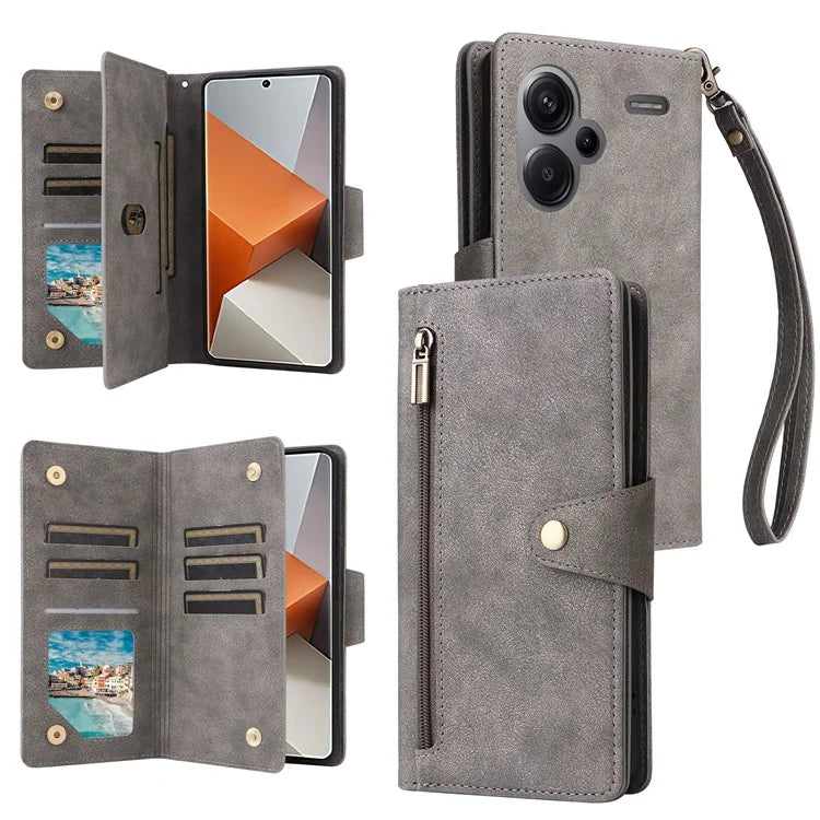 For Xiaomi Redmi Note 13 Pro+ 5G Case Rivet Decor PU Leather Wrist Strap Phone Cover