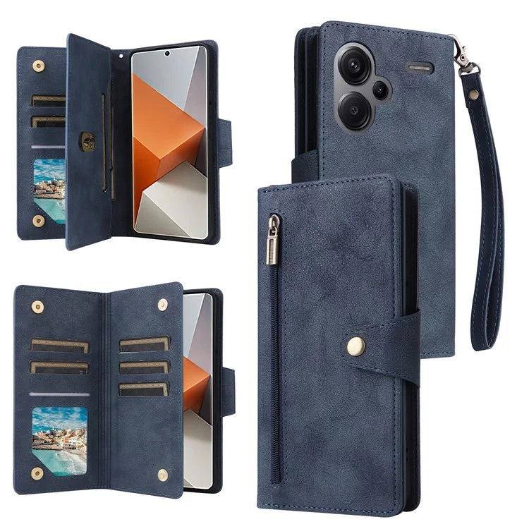 For Xiaomi Redmi Note 13 Pro+ 5G Case Rivet Decor PU Leather Wrist Strap Phone Cover