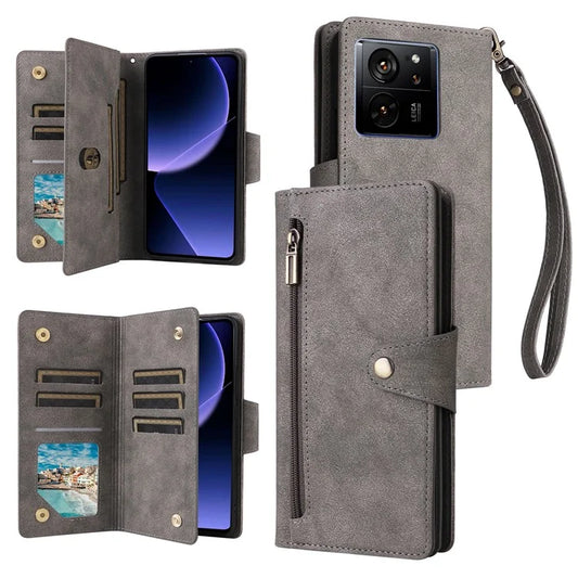 For Xiaomi 13T / 13T Pro / Redmi K60 Ultra Case Zipper Pocket PU Leather Phone Cover with Wrist Strap