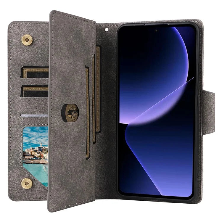 For Xiaomi 13T / 13T Pro / Redmi K60 Ultra Case Zipper Pocket PU Leather Phone Cover with Wrist Strap