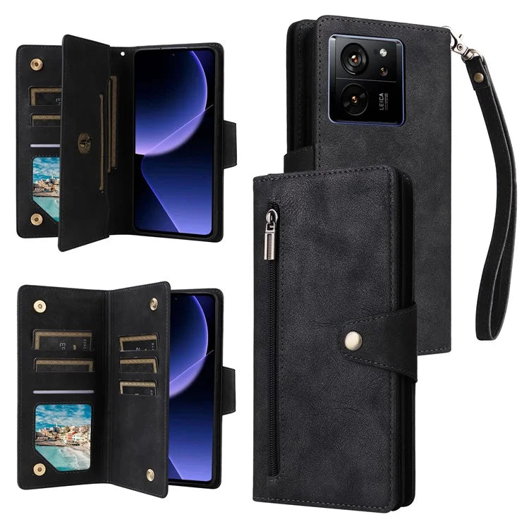 For Xiaomi 13T / 13T Pro / Redmi K60 Ultra Case Zipper Pocket PU Leather Phone Cover with Wrist Strap