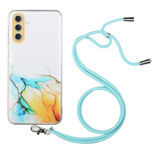 For Samsung Galaxy A25 5G (Global) (161.0 x 76.5 x 8.3mm) Case Hollow Marble Pattern TPU Phone Cover with Lanyard