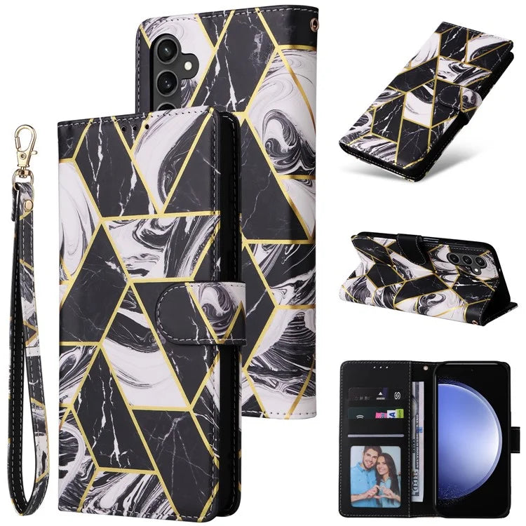For Samsung Galaxy S23 FE Case Marble Pattern Lacquered Leather Phone Cover with Card Holder