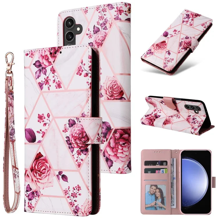 For Samsung Galaxy S23 FE Case Marble Pattern Lacquered Leather Phone Cover with Card Holder