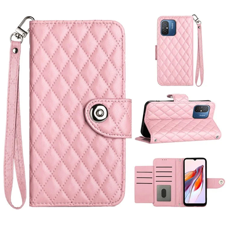 YB Imprinting Series-8 for Xiaomi Redmi 12C 4G / Poco C55 4G Cell Phone Cases Rhombus Imprinted Cover with Wrist Strap
