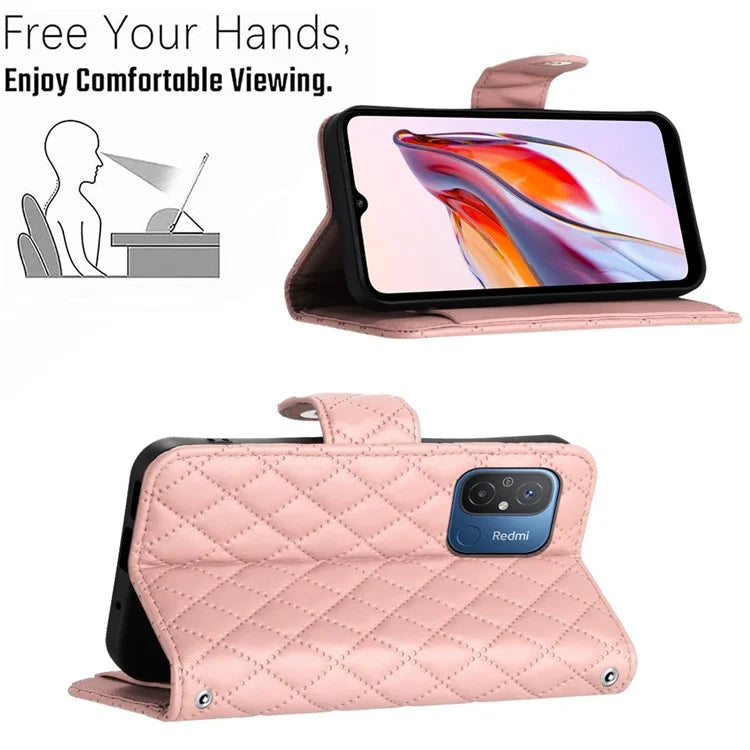 YB Imprinting Series-8 for Xiaomi Redmi 12C 4G / Poco C55 4G Cell Phone Cases Rhombus Imprinted Cover with Wrist Strap