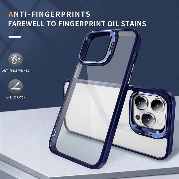 For iPhone 15 Pro TPU+Acrylic Case Lens Frame Kickstand Protective Phone Cover