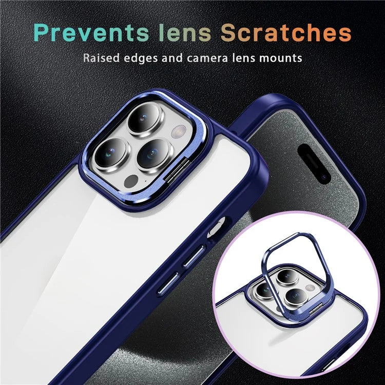 For iPhone 15 Pro TPU+Acrylic Case Lens Frame Kickstand Protective Phone Cover