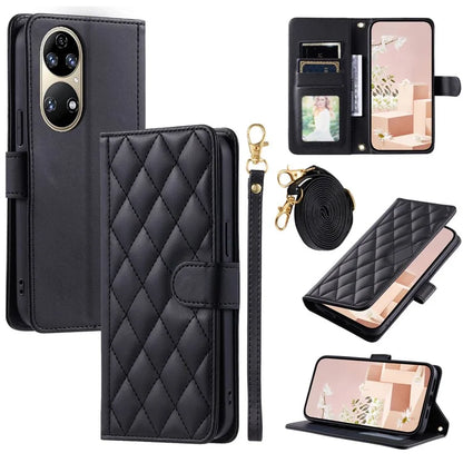 For Huawei P50 4G Case with Shoulder Strap Stand PU Leather Wallet Phone Cover