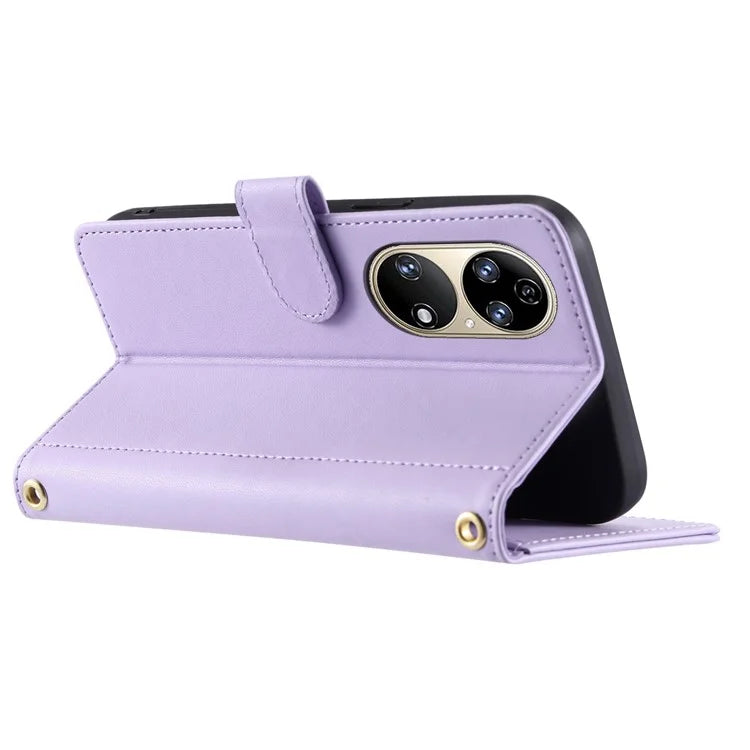 For Huawei P50 4G Case with Shoulder Strap Stand PU Leather Wallet Phone Cover